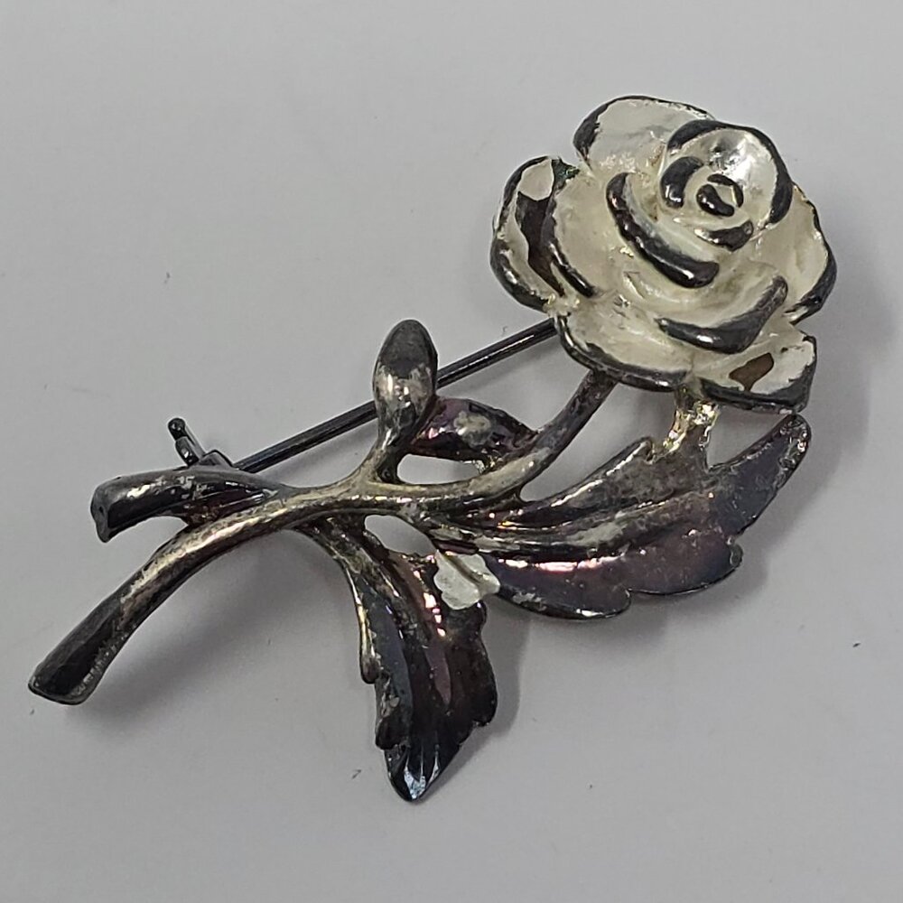 Vintage Shabby Chic White Rose Brooch Silver Tone Floral Costume Jewelry Pin - Picture 7 of 11